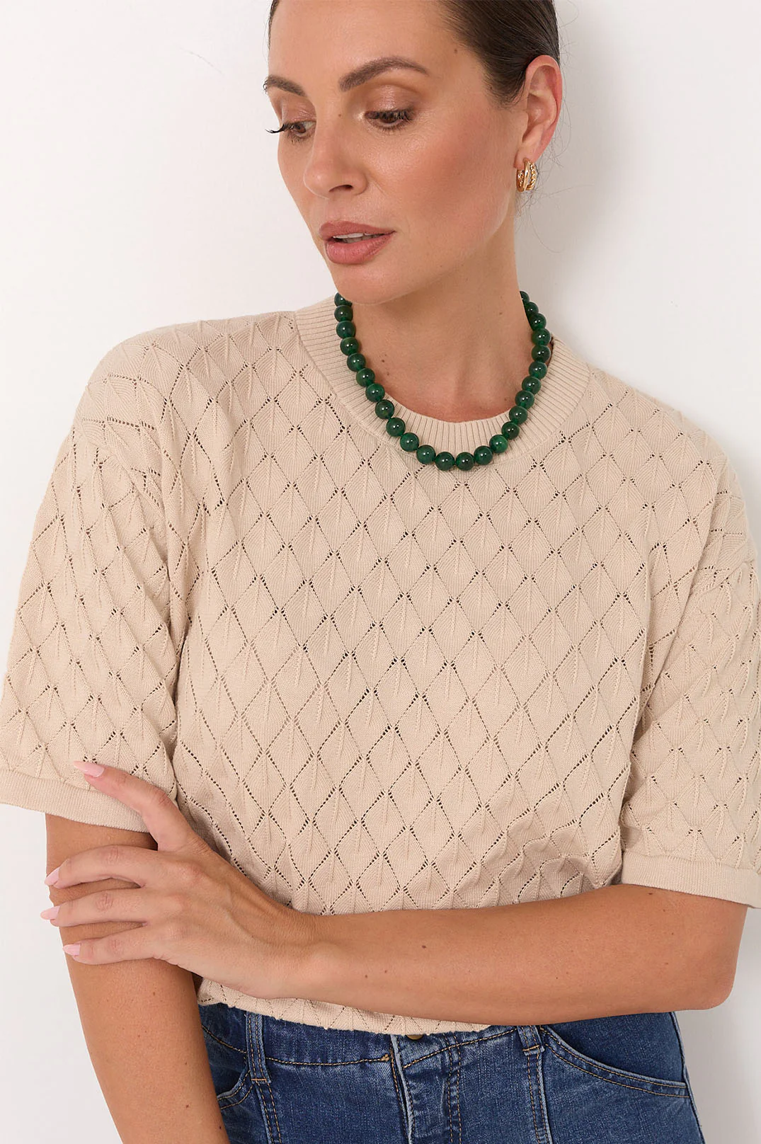 Stone Ball Bead Necklace (Green/Gold) - Image 2