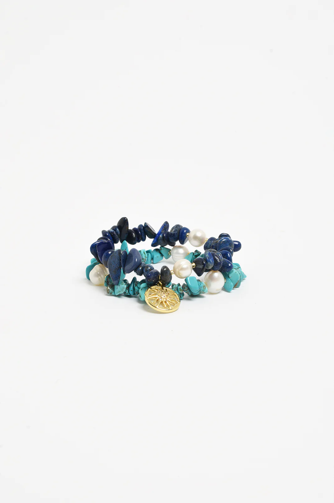 Sun Charm Stone Chip Pearl Stretch Bracelet (Turq/Blue) - Image 3