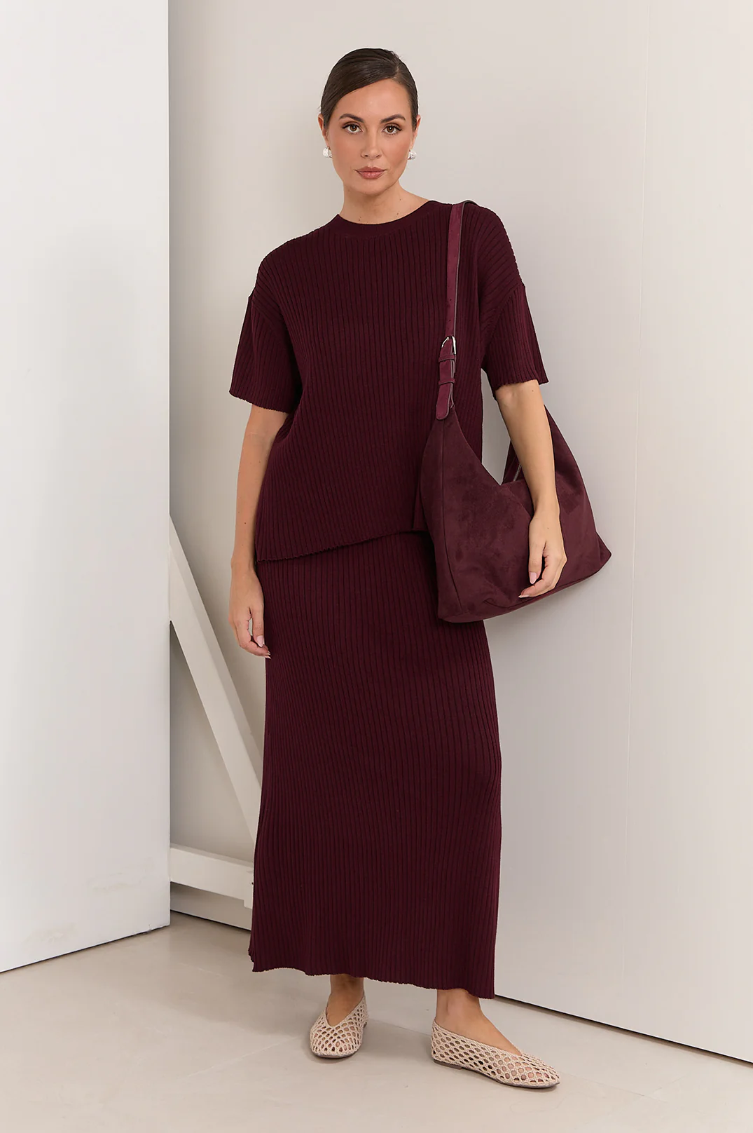 Taylor Rib Knit Midi Skirt (Burgundy) - Image 3