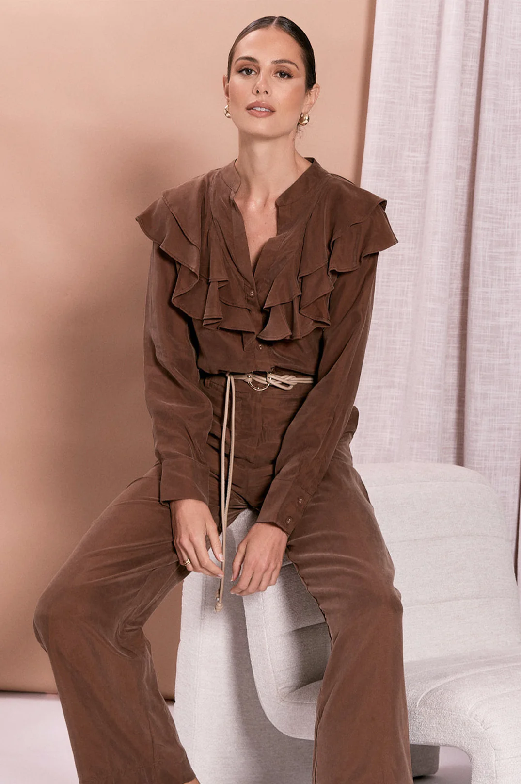 Textured Metal Ring Front Tie Belt (Camel) - Image 2