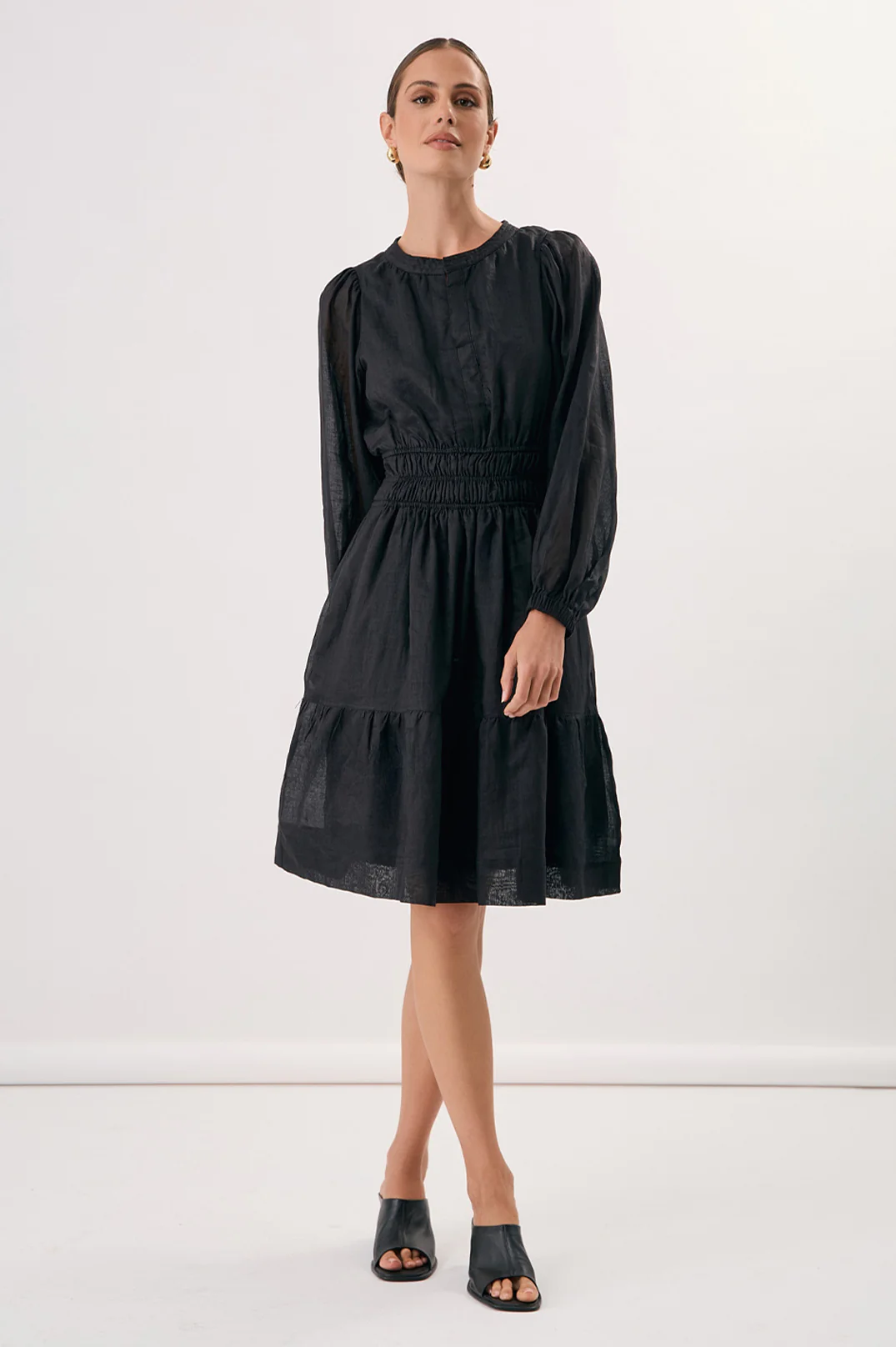 Violette Long Sleeve Ramie Short Dress (Black) - Image 3