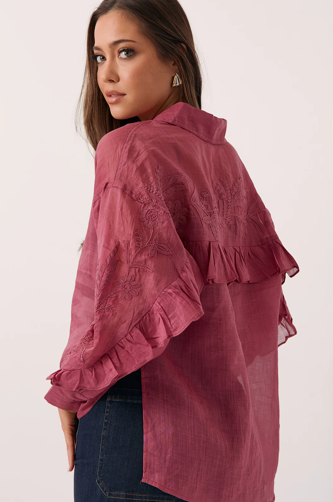 Wanda Embroidered Ramie Shirt (Berry) - Image 3