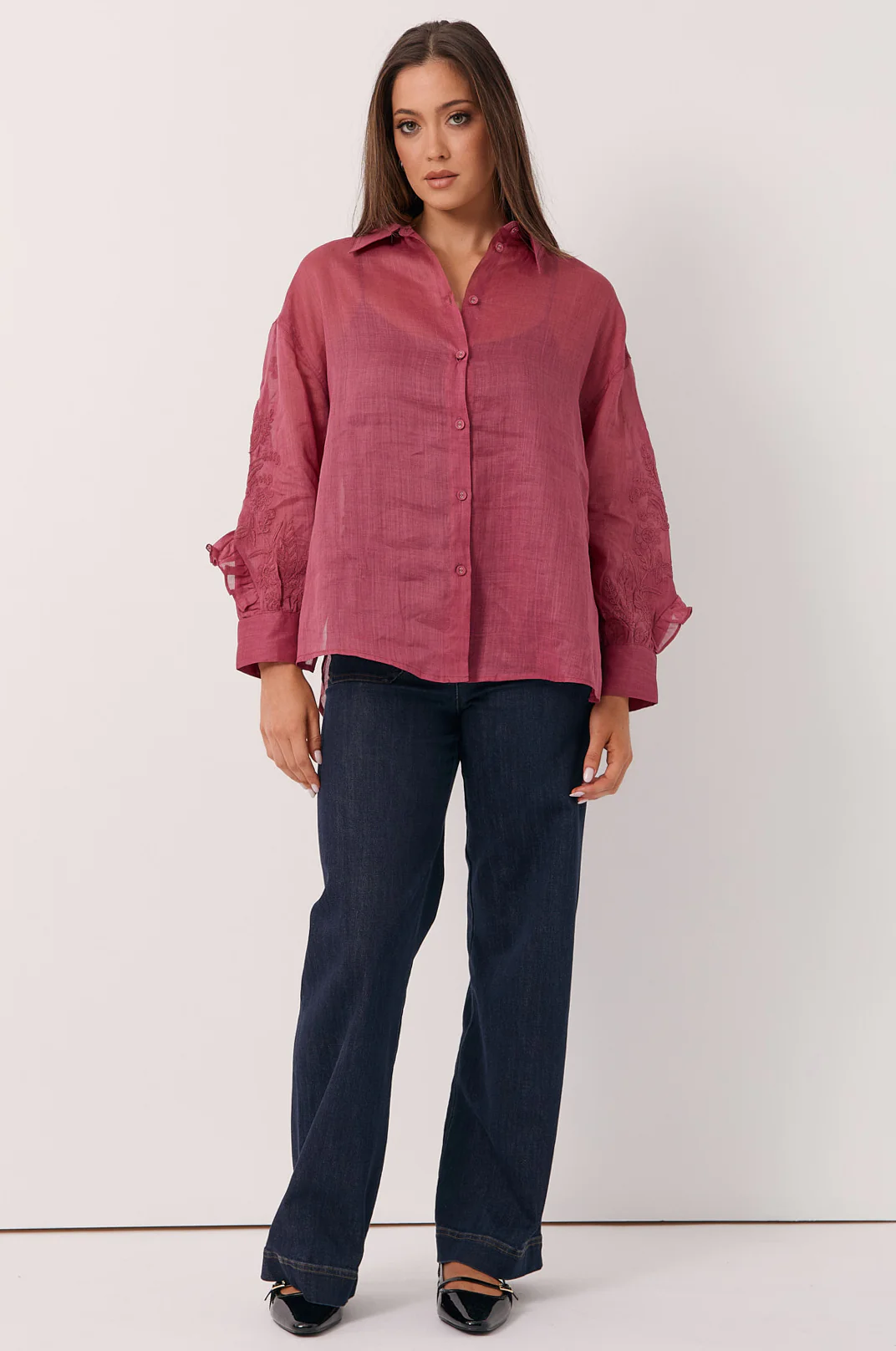 Wanda Embroidered Ramie Shirt (Berry) - Image 4
