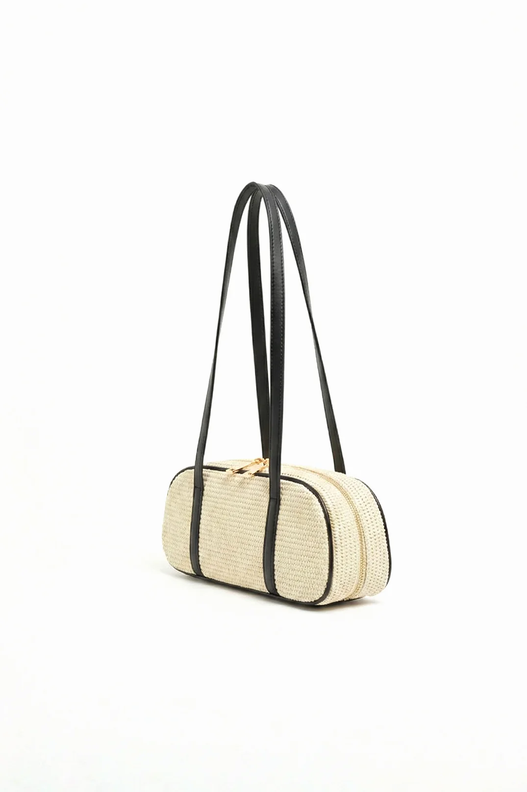 Weave and Trim Bowler Bag (Natural/Black) - Image 3